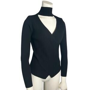Milly Black Ribbed Wrap Front Mock Neck Knit Top Women’s MEDIUM